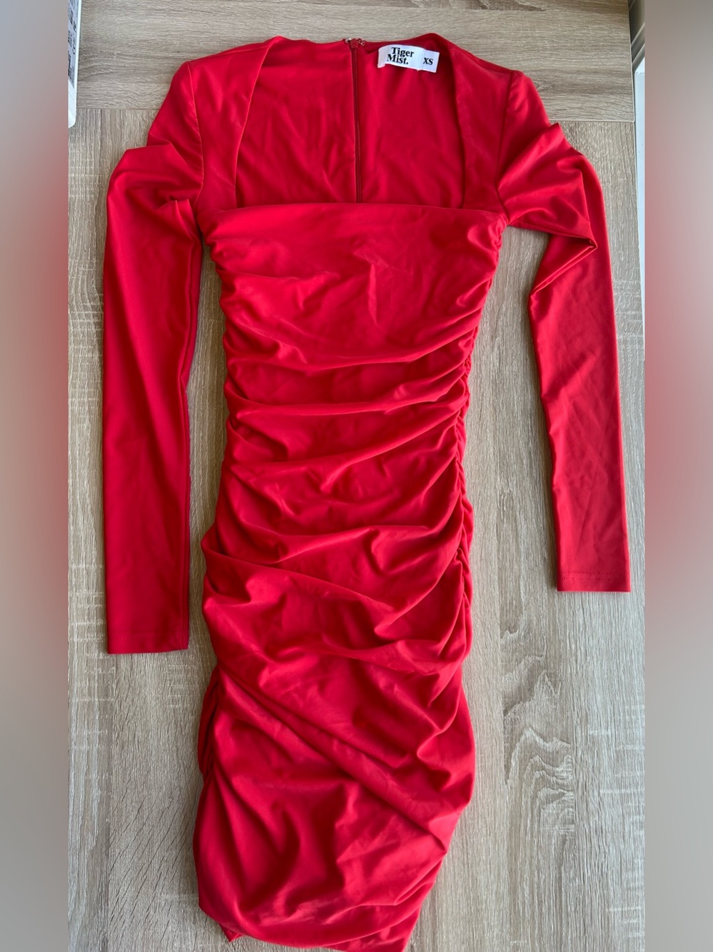Tiger Mist Vibrant Red Long-Sleeve Ruched Midi Dress